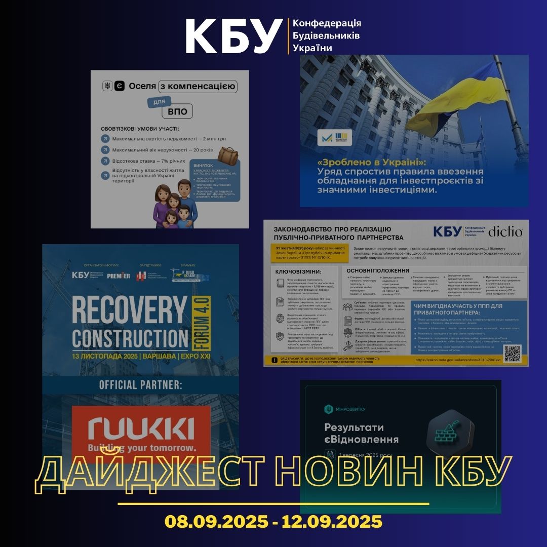 Конфедерація будівельників України підготувала тижневий дайджест новин будівельної галузі (08 вересня - 12 вересня)