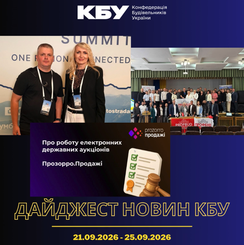 Конфедерація будівельників України підготувала тижневий дайджест новин будівельної галузі (21 вересня 2026 - 25 вересня 2026)
