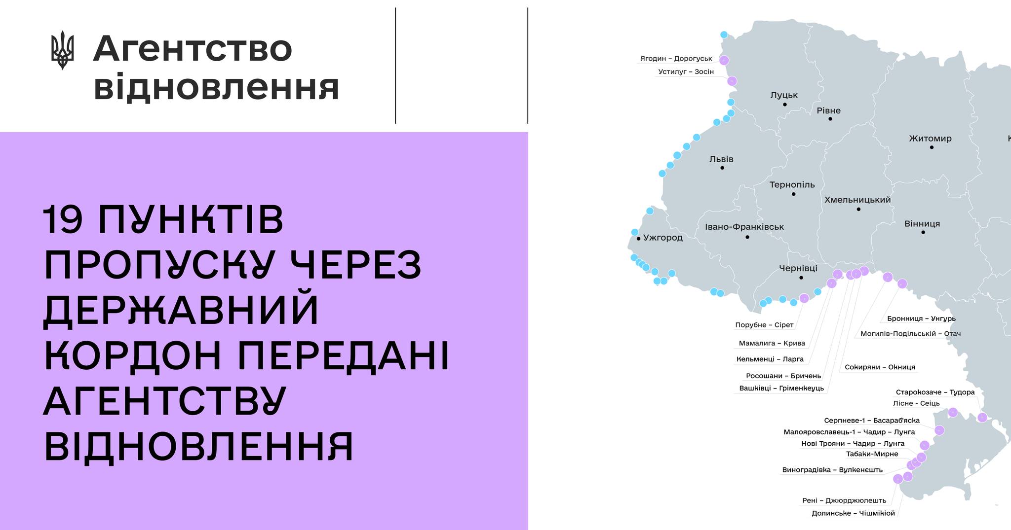 19 пунктів пропуску через державний кордон передані Агентству відновлення ✔️